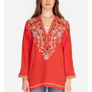 JOHNNY WAS Clayton Gauze Blouse Size Medium Floral Embroidered Red Tunic